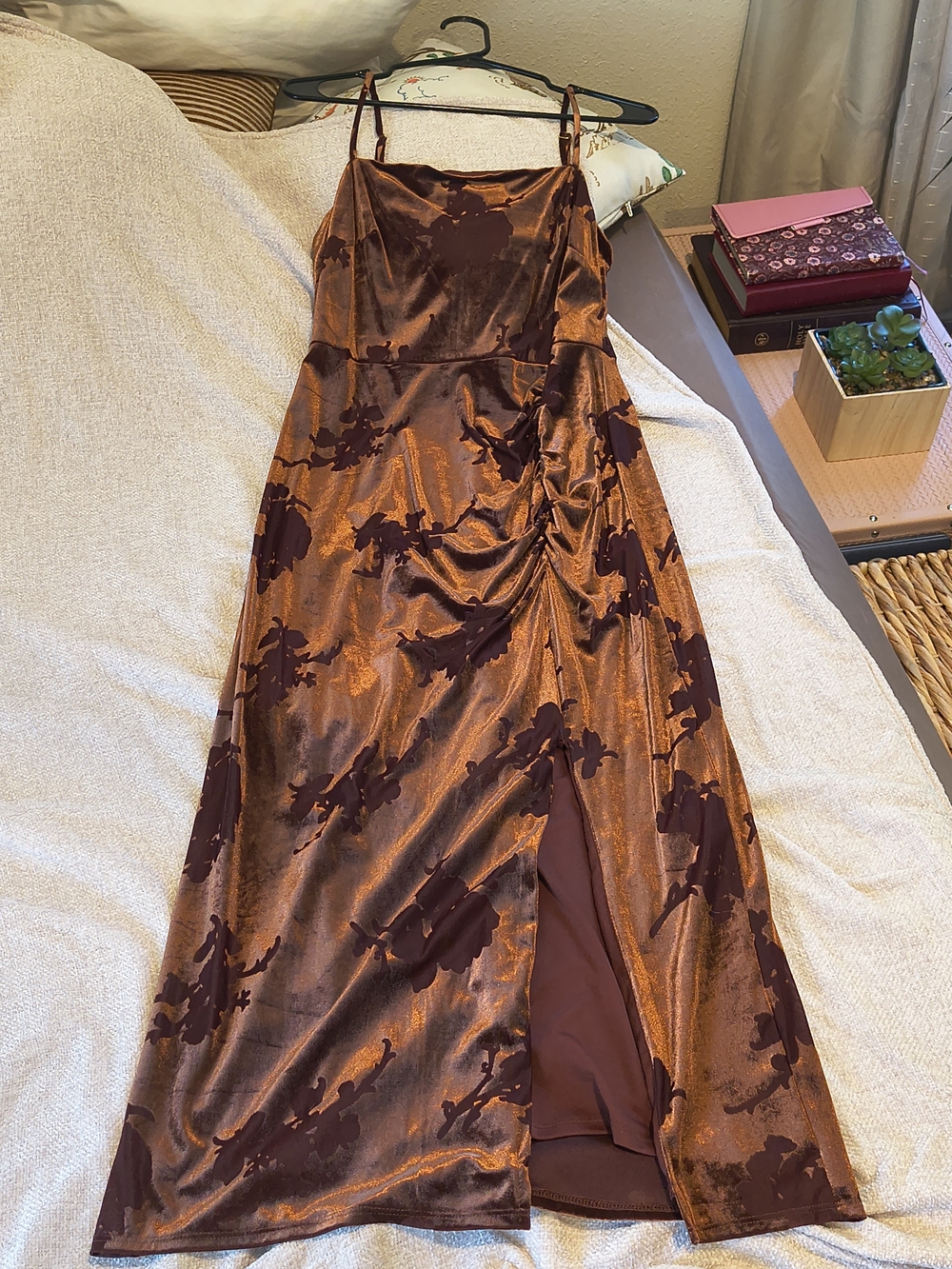 Taylor Copper Brown Velvet Maxi Dress with Floral Burnout